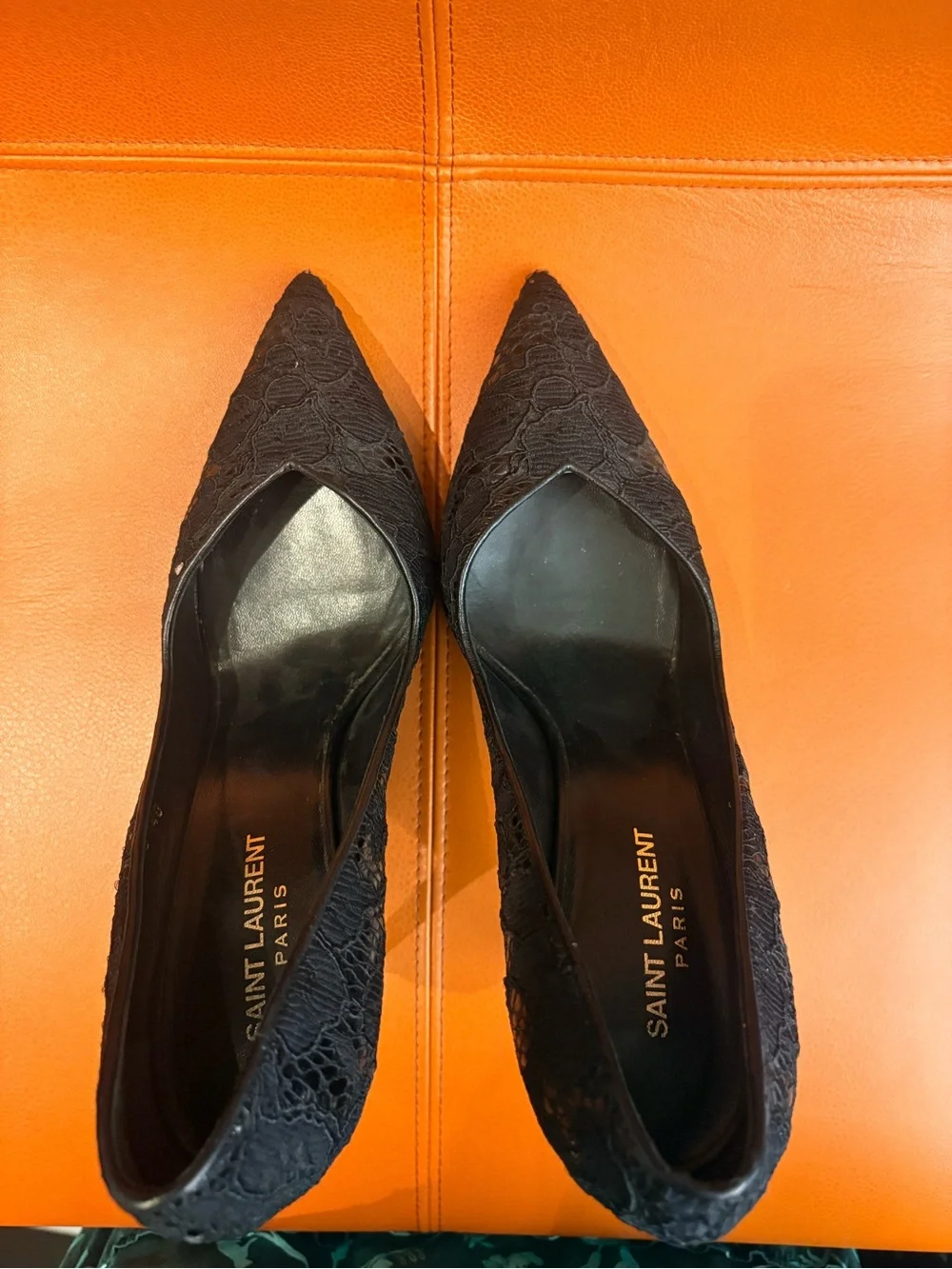 Saint Laurent Black Lace Pointed Pumps with Textured Overlay - Picture 2 of 8